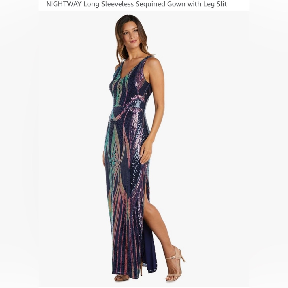 NIGHTWAY Long Sleeveless Sequined Gown with Leg Slit NWT (size 4P)